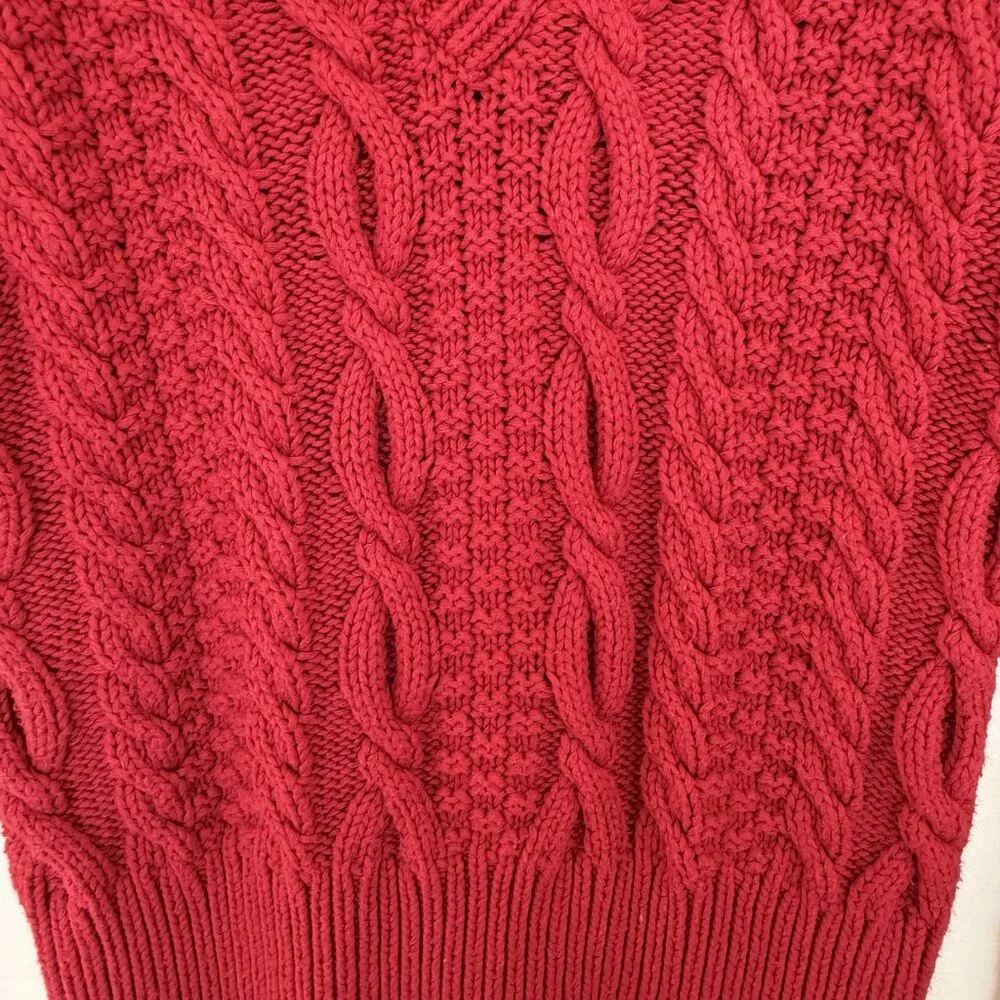 Vtg Moda Y2K Cable Knit Sweater Jumper M Red Cotton V-Neck Long Sleeve Fisherman